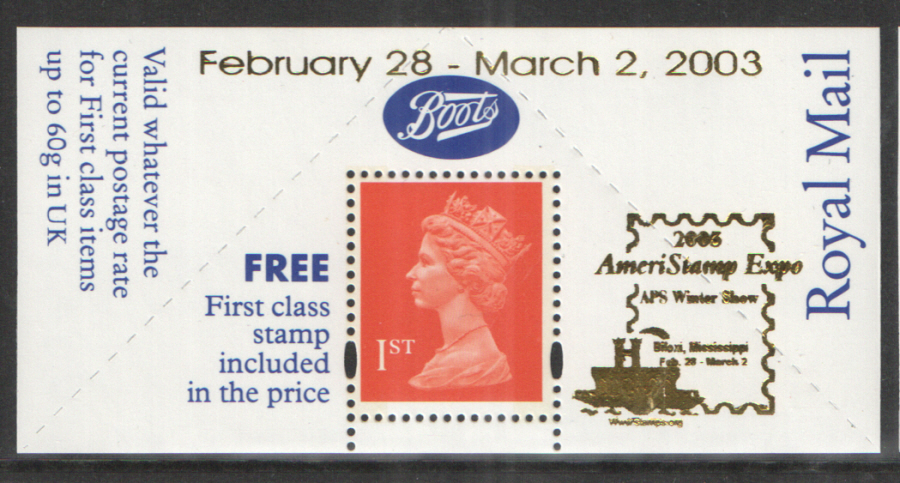 "Ameristamp Expo 2003" overprinted Boots 1st Class Stamp & Label (image for) "Ameristamp Expo 2003" overprinted Boots 1st Class Stamp & Label